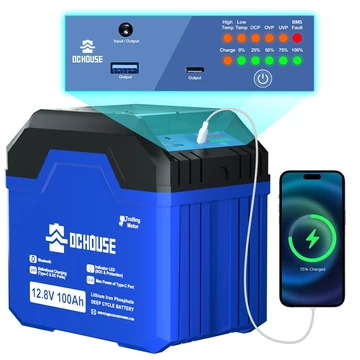 DCHOUSE 12V 100Ah LiFePO4 Bluetooth TROLLING akku USB, DC töltőkkel