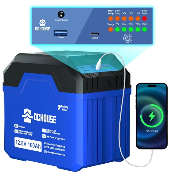 DCHOUSE 12V 100Ah LiFePO4 Bluetooth TROLLING akku USB, DC töltőkkel